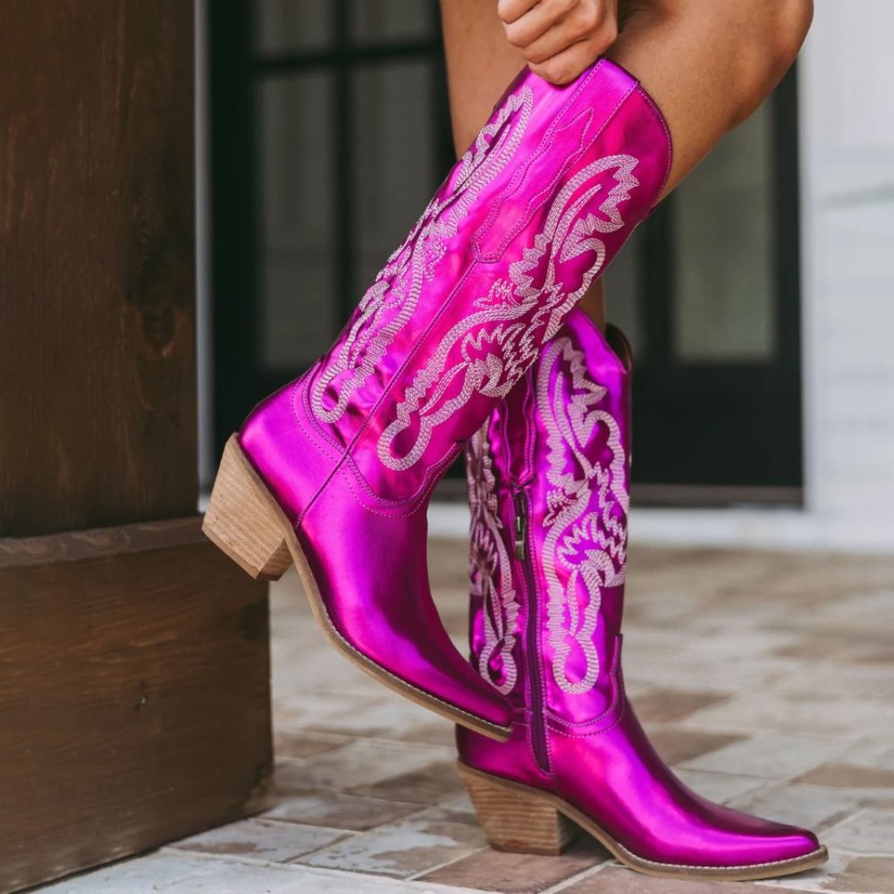 Hot Pink Fuchsia Metallic Embroidery Knee High Cowboy Boots